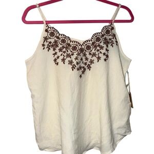 Blu Pepper Cream Tank Top with Brown Floral Embroidery, size small, new w/ tags